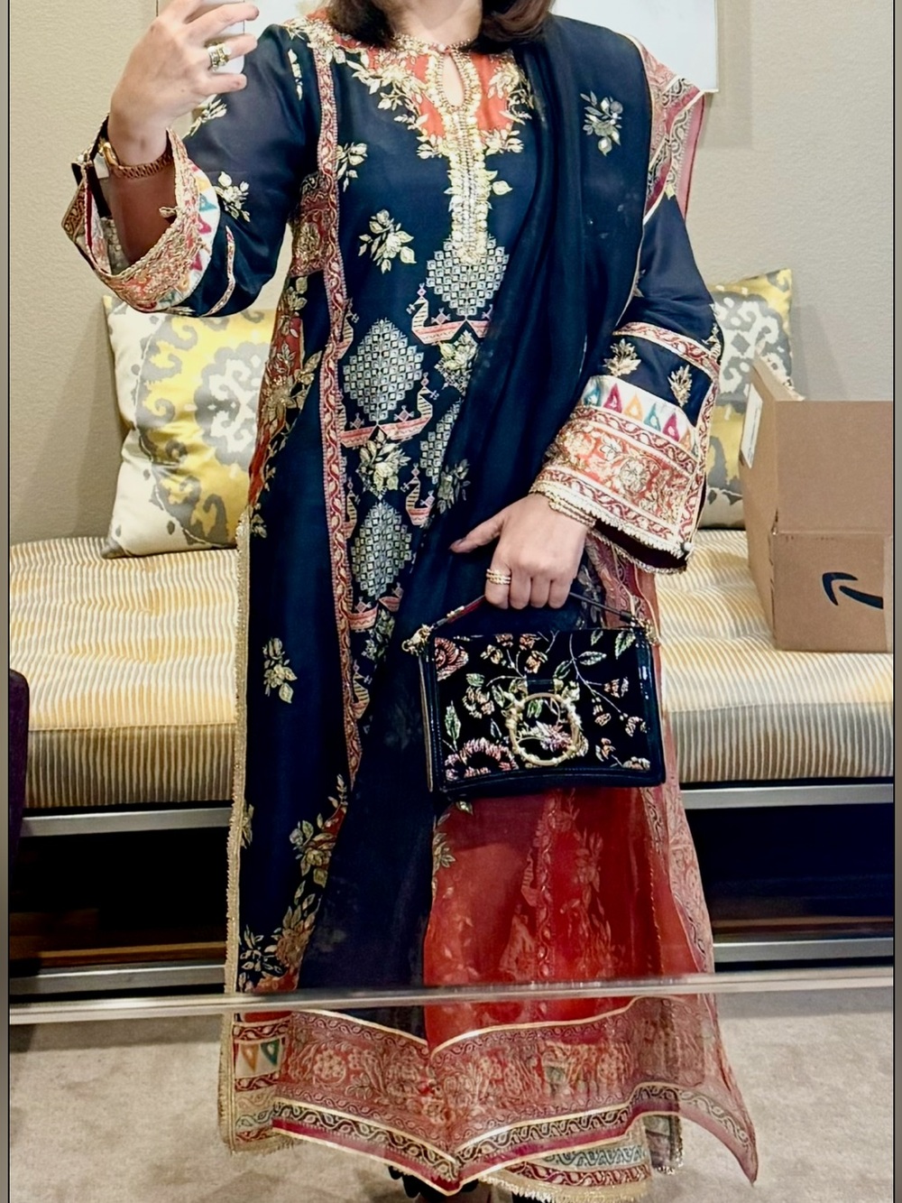 Embroidered Navy & Coral Long Sleeve Women's Dress with Scarf